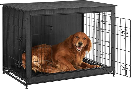 Feandrea 44.1" Dog Crate Furniture, Indoor Dog Cage Side End Table, XL Pet Wood Kennel for Large and Medium Dogs up to 80 lb with Multi-Purpose Removable Tray, Double-Door Pet House, Ink Black