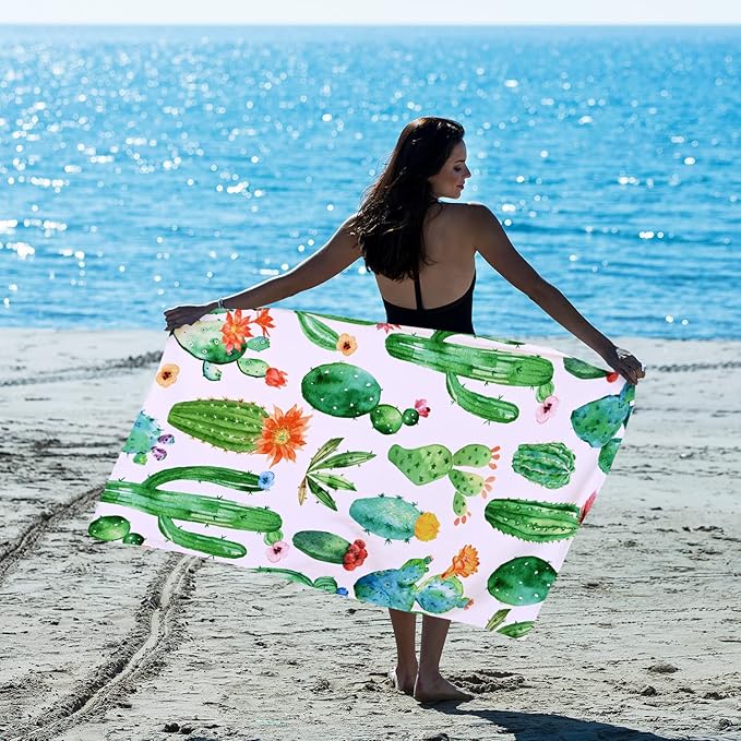 LIVILAN Cactus Beach Towel Blanket, Oversized Microfiber Pool Bath Swim Towel for Toddler Girls, Thin Absorbent Quick Dry and Sand Free Beach Towel, Cactus Gifts 30x60