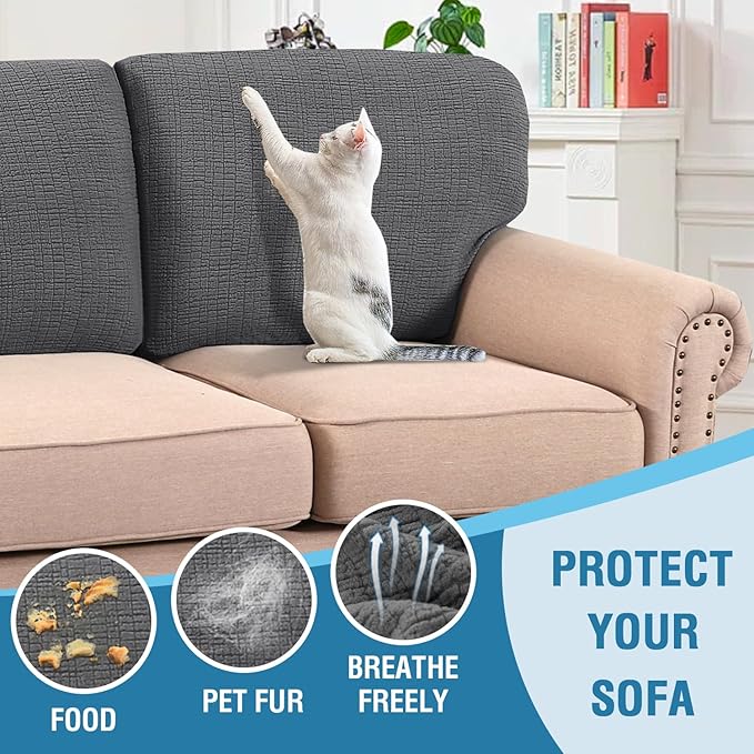H.VERSAILTEX Jacquard Couch Cushion Covers High Stretch Sofa Covers for 3 Cushion Couch Furniture Protector Spandex Anti-Slip Soft Thickened Slipcovers Crizzle Pattern(3 Back Covers, Grey)