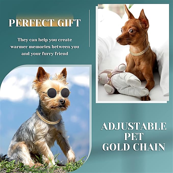 Xuniea 2 Pieces Cat Dog Chain Collar and Sunglasses Set Rhinestone Necklace with Secure Buckle Round Glasses for Doll Cat Dog Pet Accessories(10 Inch,Gold, Black)