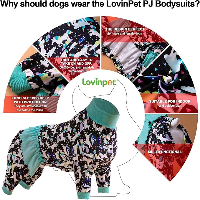 LovinPet Large Giant Dog Pajamas, Post Surgery Recovery Shirt for Large Dogs, Unicorns in Space Black Print, Lightweight Big Dogs Pullover, Full Coverage Breed Dog Jammies, Pet PJ's, 2XL