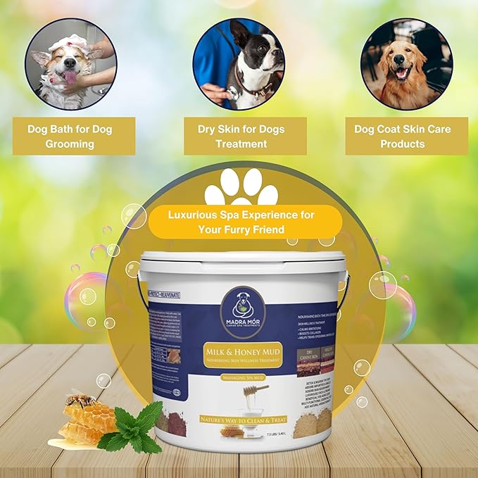 Worldwide Nutrition Madra Mor Milk & Honey Mud Spa Bath for Dogs | Dog Bath for Dog Grooming | Dog Coat Skin Care Products | 7.5lb Pail Mud Bath Dog Essentials with Multi-Purpose Key Chain, brown