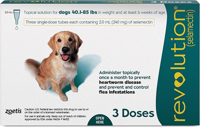 Revolution (selamectin) Topical Solution for Dogs, 40.1-85 lbs (Teal), 3 Tubes