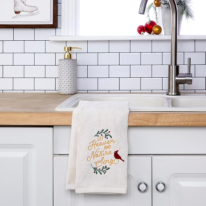 SKL Home Christmas/Winter Heaven & Nature Sing Hand Towel 2pc Set for Bath/Kitchen/Bar & Gift, Natural