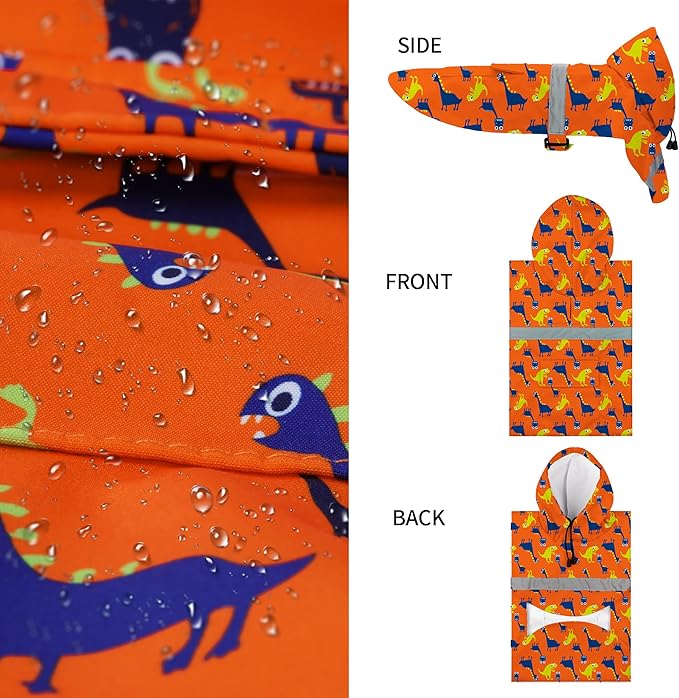 NACOCO Large Dog Raincoat Adjustable - Pet Dinosaurs Water Proof Clothes Lightweight Rain Jacket Poncho Hoodies with Strip Reflective Blue (L, Orange Dinosaur)