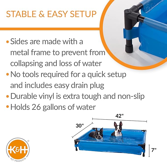 K&H Pet Products Portable Dog Pool & Pet Bath for Dogs and Puppies, Swimming Pool for Large Pets, Heavy Duty Liner with Metal Frame, Easy Drain Plug, Foldable - Large 42 X 30 X 7in Chill Blue