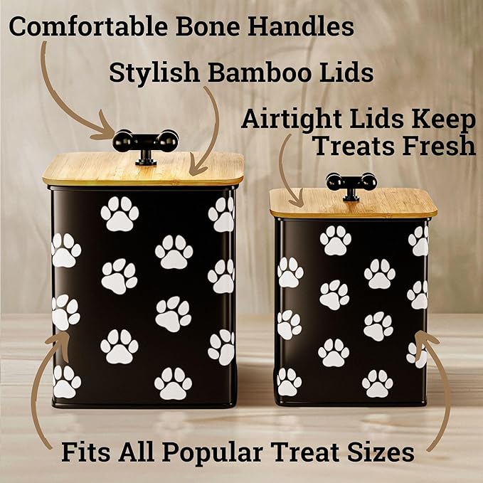 Dog Treat Container Airtight Set of 2 - 8x6 & 7x5 inch Iron Dog Treat Jars for Kitchen Counter with Airtight Bamboo Lids - 20 Cup Capacity Pet Treat Container Set - Doggie Cookie Jar - Treats Canister