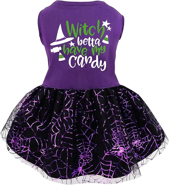 Halloween Dog Dress, Witch Candy Spider Web Tutu Skirt, Holiday Cat Costume for Small Dogs and Cats, Purple Pet Outfit for Puppies and Kittens