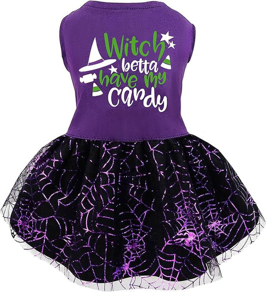 Halloween Dog Dress, Witch Candy Spider Web Tutu Skirt, Holiday Cat Costume for Small Dogs and Cats, Purple Pet Outfit for Puppies and Kittens