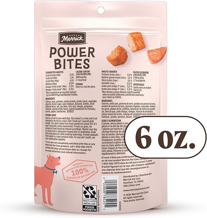 Merrick Power Bites Natural Soft And Chewy Real Meat Dog Treats, Grain Free Snack With Real Salmon Recipe - 6 oz. Bag
