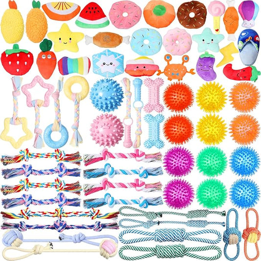 Syhood 60 Pcs Squeaky Dog Toys Bulk Stuffed Plush Chew Toys Puppy Teething Rope Cute Spiky Chew Ball for Small Dog Pet Teething Gift(Cute Style)
