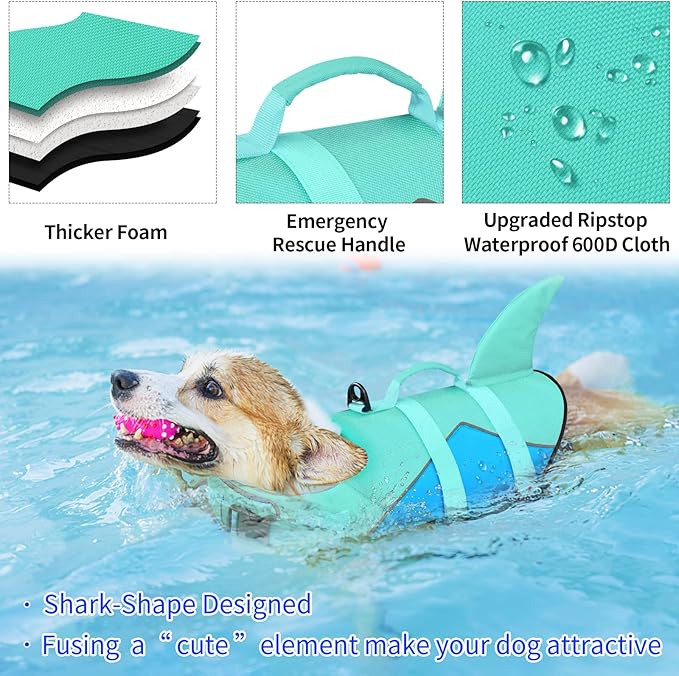 Malier Dog Life Jacket, Ripstop Dog Life Vest with High Buoyancy for Swimming Boating, High Visibility Shark Puupy Lifesaver for Small Medium Large Dogs (Pure Blue, Medium)