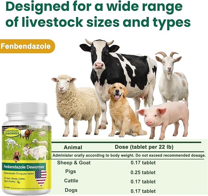 Fenbendazole for Goats, Sheep, Dog, Cattle, Poultry & More, Tapeworms, Roundworms & Hookworms, 100 Tablets