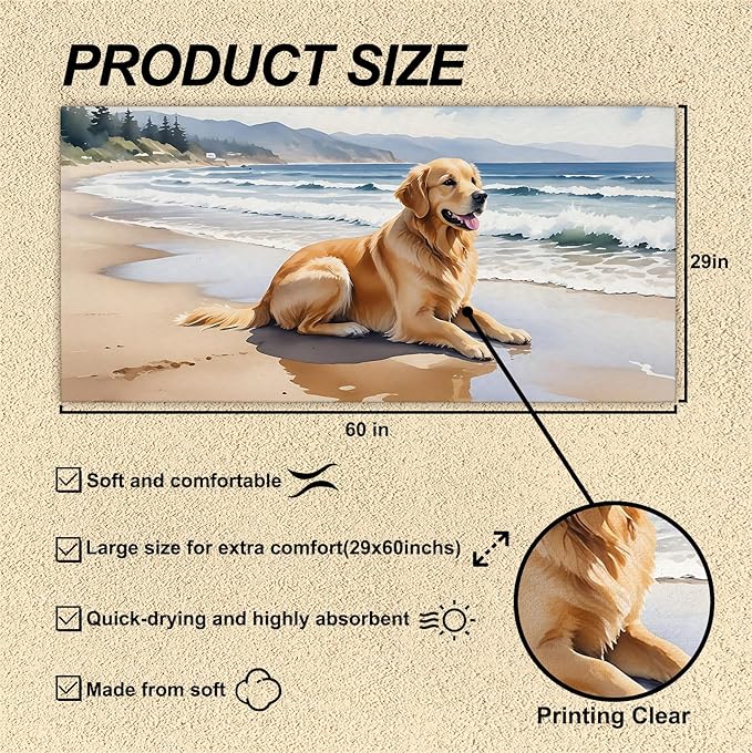 Golden Retriever Beach Towel, Golden Retriever Gifts Pool Towels, Dog Sand Towel Large Bath Towels Gifts for Women Men, Giftfor DogGolden Retriever Lovers, 29x60in