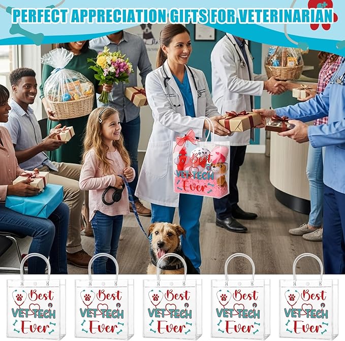 SilTriangle 24 Pcs Vet Tech Week Appreciation Bag with Handles Nurse Plastic Gift Bags Reusable Red Ribbon PVC Tote Bags Bulk for Vet Tech Coworkers Animal Lover