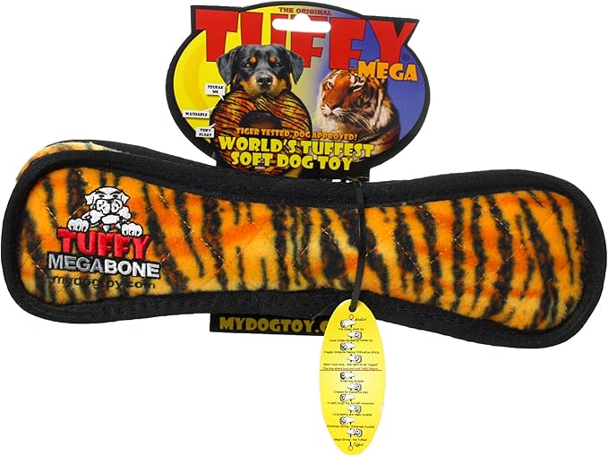 TUFFY - World's Tuffest Soft Dog Toy - MEGA - Squeakers - Multiple Layers. Made Durable, Strong & Tough. Interactive Play (Tug, Toss & Fetch). Machine Washable & Floats (Bone Tiger, Large 2 Pack)