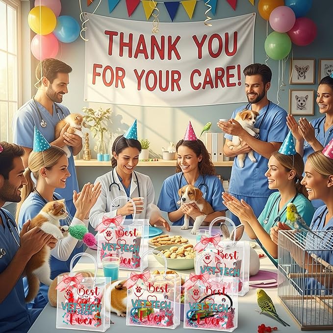 SilTriangle 24 Pcs Vet Tech Week Appreciation Bag with Handles Nurse Plastic Gift Bags Reusable Red Ribbon PVC Tote Bags Bulk for Vet Tech Coworkers Animal Lover