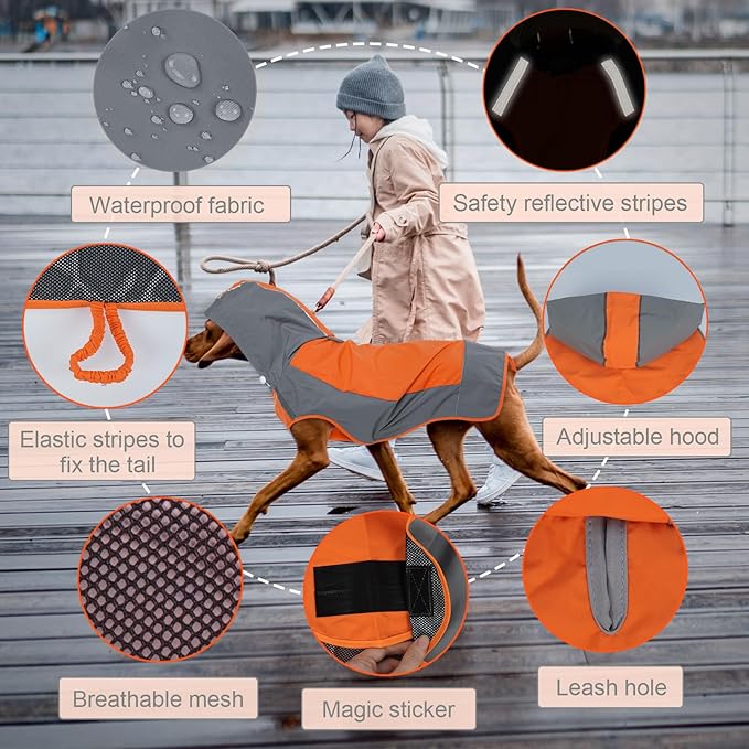 IECOii Large Dog Raincoat Waterproof,Hooded Rain Jacket Keep Dog Dry in Wet Weather,Reflective Rain Poncho Clothes with Convenient Leash Hole/Adjustable Magic Sticker/Easy On and Off/,Orange,Large