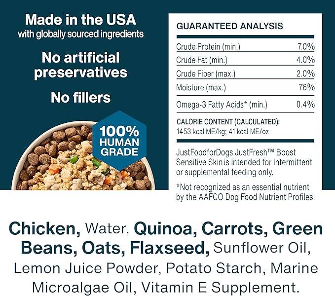 JustFoodForDogs JustFresh Boost Sensitive Skin Dog Food Topper for Immune Support and Healthy Coat, Human-Grade Fresh Pet Meal Booster, 8 oz Pouches - 8 Pack