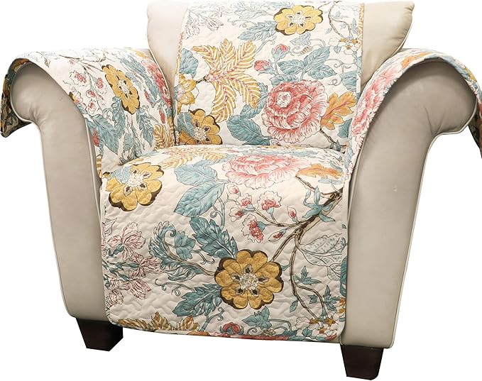 Lush Decor Sydney Furniture Protector, Arm Chair, 71" W x 75" L, Blue & Yellow - Flower Leaf Garden - Quilted Floral Chair Cover - Country Cottage Slipcover - Pet Protector For Chair