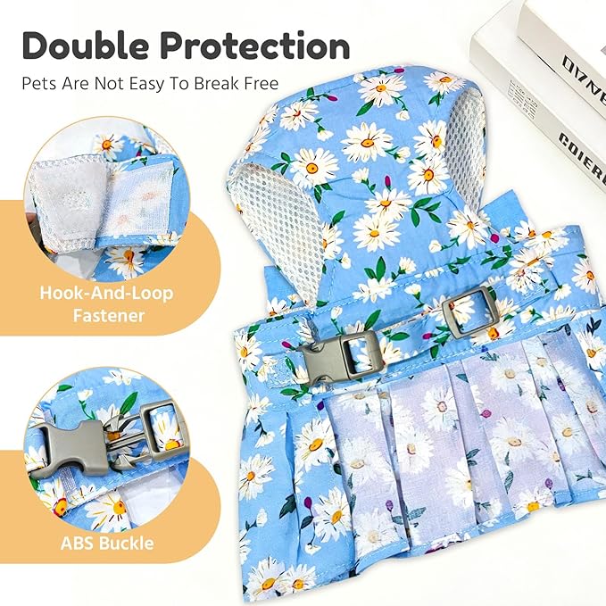 BAEJMJK Dog Dress Bowknot Harness Leash Set for Small Dogs Cats Daisy Floral Girl Dog Dresses Cute Puppy Princess Clothes Pet Doggy Outfits Spring Summer Breathable Dresses(Blue,Medium)
