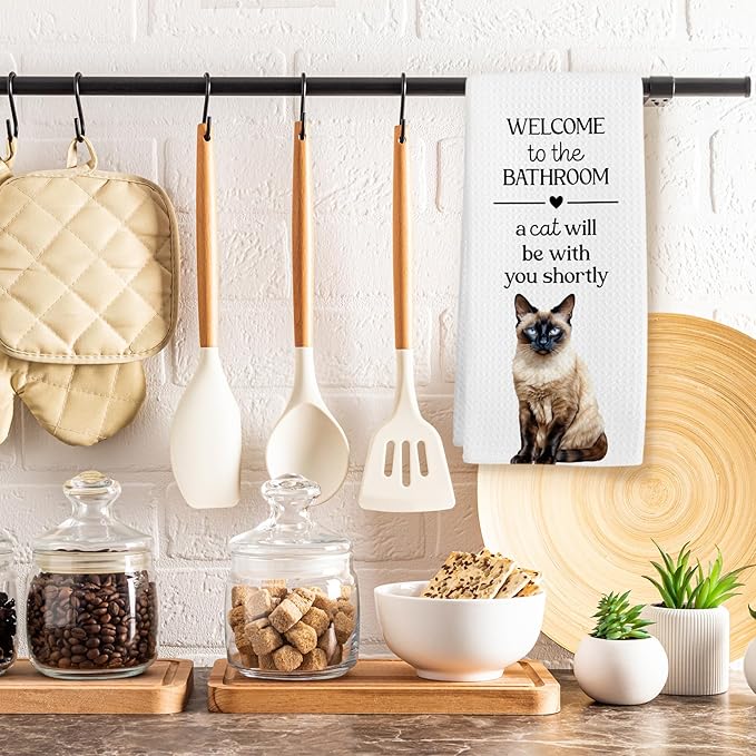 Funny Siamese Cat Hand Towels, Siamese Cats Gifts for Cats Lovers Women Hand Towel, A Cat Will Be with You Shortly Decorative Towel for Bathroom Toilet, Cute Kitty Bathroom Decor, 16x24in