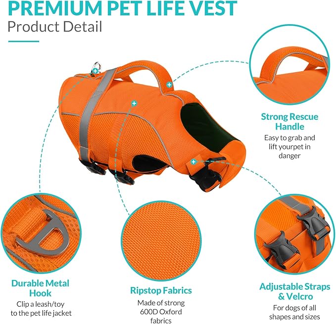 Queenmore Small Dog Life Jacket, Adjustable Ripstop Dog Life Vest for Swimming Boating, Doggy Lifesaver with Superior Buoyancy and Rescue Handle, Pet Swimming Vest for X-Small Dogs（Orange,XS）