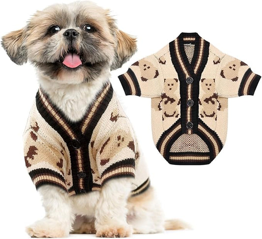 Small Dog Sweaters Cute Bear Dog Cardigans Clothes for Small Medium Dogs Boy Girl Puppy Cat Knitting Cardigan Outfits Dogs Winter Coats Warm Pet Doggy Clothes Soft Knitwear Apparel (Beige,XS)
