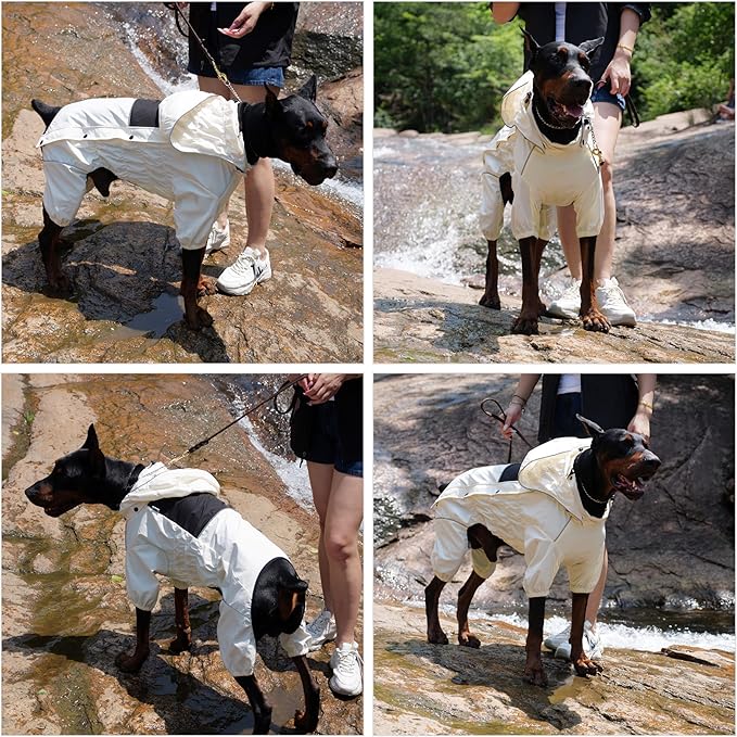 LOVELONGLONG Waterproof Dog Raincoat with Removable Hood – Outdoor Full Body Dog Jacket, Windproof Snowproof Shell Suit – All Season Pet Rain Gear Ivory M