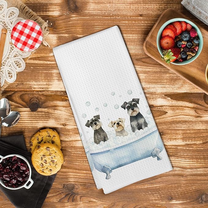 Schnauzer Dog Bathroom Hand Towel, Schnauzers Gifts for Women, Funny Mini Schnauzer Hand Towel for Bathroom Kitchen Washroom Decor, Miniature Schnauzers Dogs in Bathtub Dish Tea Towels, 16x24