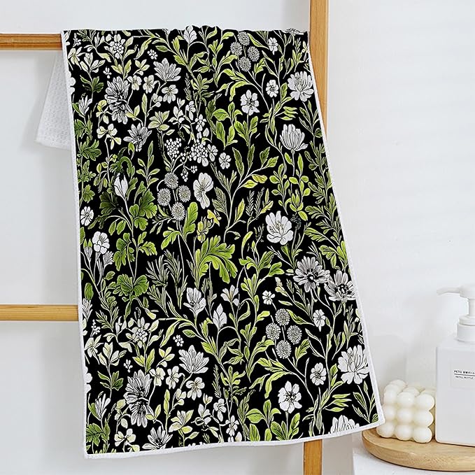 Vintage Moody Floral Bee Kitchen Towels, Dark Cottagecore Botanical Dish Tea Towels for Kitchen Decor, Dark Academia Green Plant Bee Hand Towels for Bathroom Decor, 16x24 Inch Set of 2