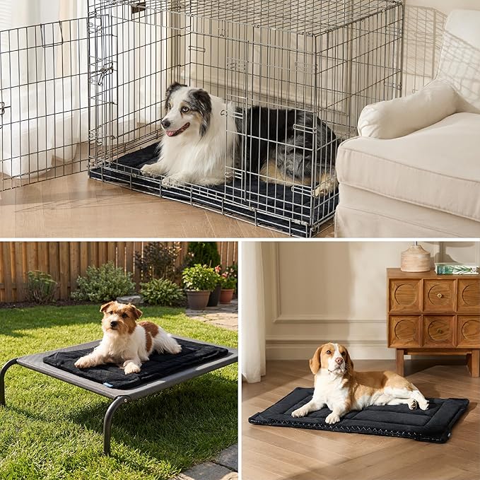 Bedsure Chew Resistant Dog Bed for Small Dogs - Chew Proof Dog Crate Pad Machine Washable Durable Kennel Mat for Chewers with Reinforced Corners, Black, 24x17 in
