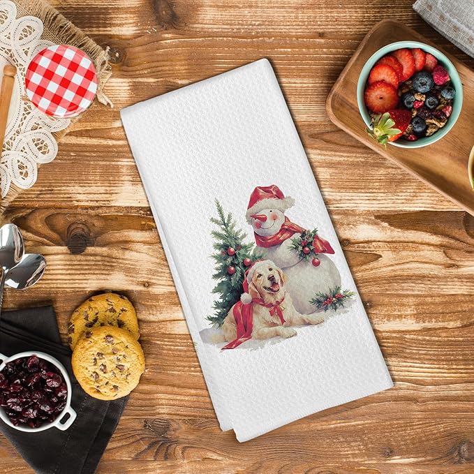 Christmas Golden Retriever Gifts Kitchen Towels, Xmas Snowman Dish Tea Towels for Kitchen, Christmas Winter Hand Towel for Bathroom Decor, Golden Retriever Gift for Dog Lovers, 16x24 Inch
