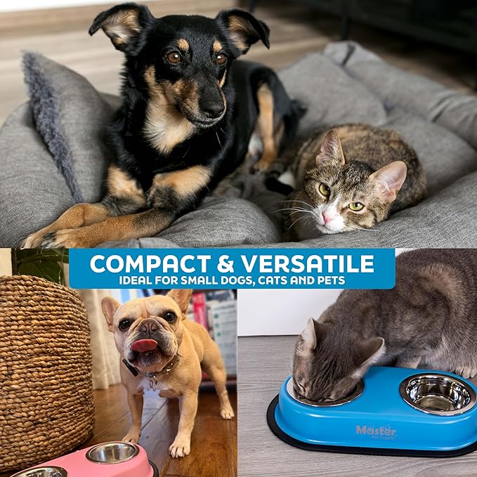 Master Pet Supply Double Dog Bowls Set with Elevated Base and 2 (8 oz) Stainless Steel Removable Dishes (Crimson Flame) – Double Cat Food Water Bowl, Dog Puppy Food Bowl Set, Rust Resistant