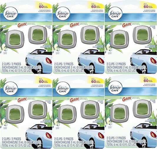 Febreze Car Vent Clip Air Freshener, Gain Original, 2 Count, (Pack of 6)