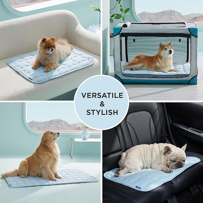 Bedsure Cooling Mat for Large Dogs, Q-Max>0.5 Thin Breathable Cold Crate Pad for Pet, Portable Washable Kennel Bed for Summer Active Dog with Chill Cool Soothing Fabric to Rapid Cooling, 35x23, Blue