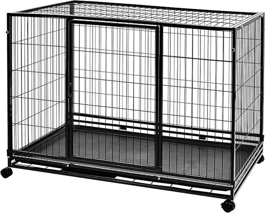 Amazon Basics - Portable Heavy Duty Stackable Dog Pet Kennel with Tray, Black, 48.2" L x 37.8" W x 42.5" H