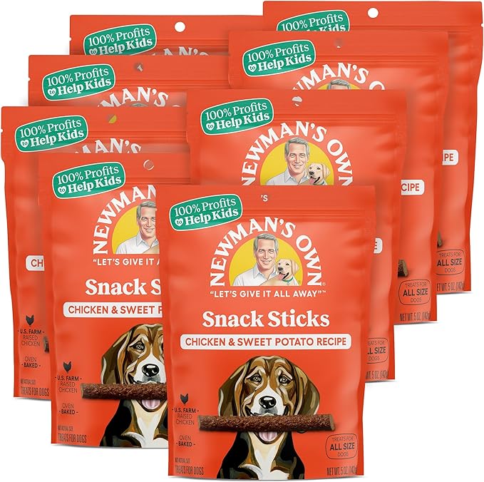 Newman's Own Chicken & Sweet Potato Dog Snack Sticks, 5 oz Bag (Pack of 8) — Soft Chewy Meat Sticks, US Farm-Raised Chicken, No Corn Wheat or Soy, Wholesome Training Rewards, Made in USA