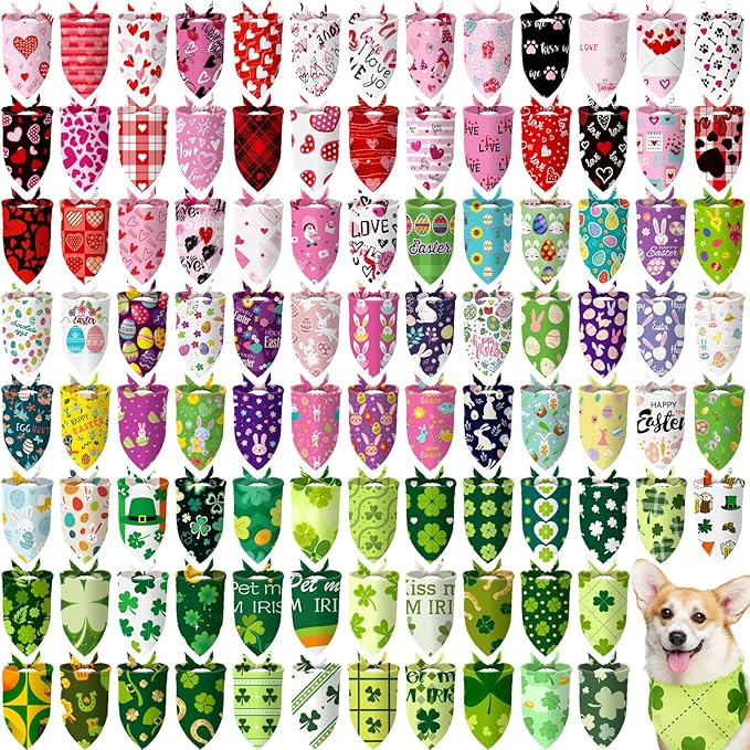 100 Pcs Easter Seasonal Dog Bandanas Easter Valentines Day St. Patrick's Day Theme Pet Bandanas Bulk Holiday Triangle Pet Bibs Scarf for Medium Large Dog Spring Festival Costume Decor
