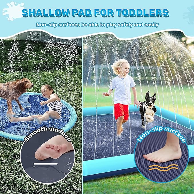 107'' Splash Pad for Dogs, Non-Slip Sprinkler for Kids, Square Splash Pad for Kids Ages 4-8, Splash Pads for Toddlers 1-3, Dog Sprinkler Shallow Pool, Outdoor Water Toys for Backyard, Teal
