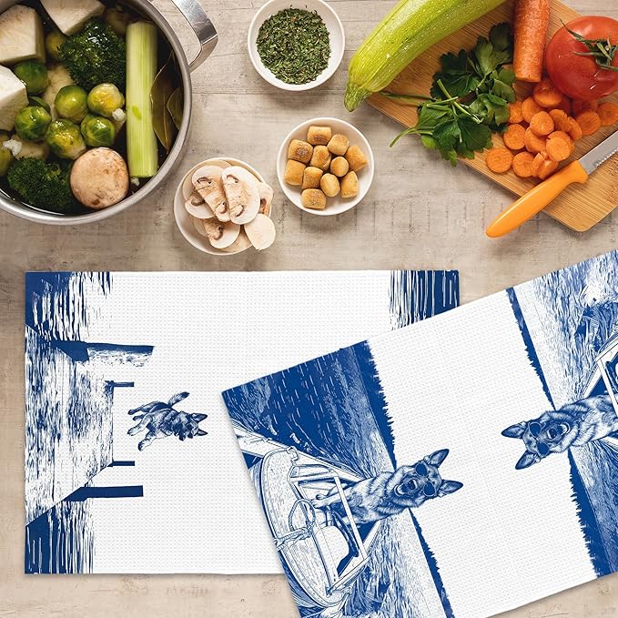Lake House Decor German Shepherd Kitchen Towels Set of 2, Summer Funny Lake Dog Coastal Bathroom Hand Towel, Dog Lover Gifts Tea Towel Dish Towels 16x24 Inch