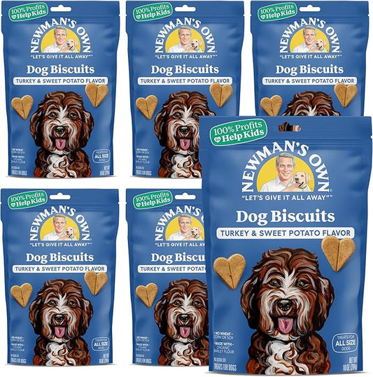 Newman's Own Turkey & Sweet Potato Dog Biscuits, 10 oz Bag (Pack of 6) — Oven Baked Crunchy Training Treats, Organic Ingredients, No Wheat Corn or Soy, Premium Quality Wholesome Dog Cookies