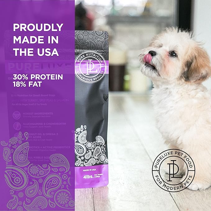 PURELUXE Grain and Gluten Free Dog Food, Turkey, Split Peas, and Salmon Elite Nutrition, for Small Breed Dogs at All Life Stages, Made in The USA, 4lbs