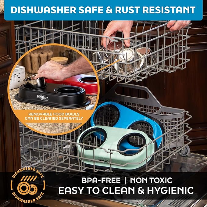 Master Pet Supply Double Dog Bowls Set with Elevated Base and 2 (8 oz) Stainless Steel Removable Dishes (Rose Quartz) – Double Cat Food Water Bowl, Dog Puppy Food Bowl Set, Rust Resistant