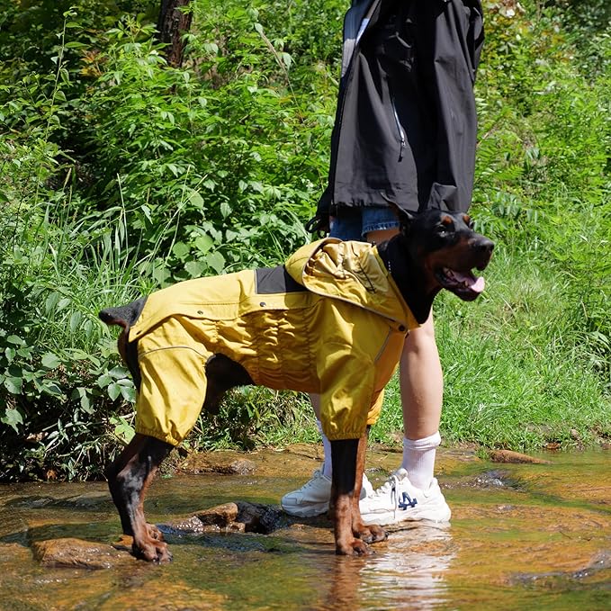 LOVELONGLONG Waterproof Dog Raincoat with Removable Hood – Outdoor Full Body Dog Jacket, Windproof Snowproof Shell Suit – All Season Pet Rain Gear Mustard Yellow XXL