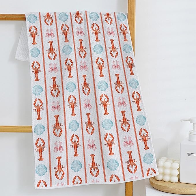 Coquette Lobster Seashell Coastal Kitchen Towels, Coastal Beach Dish Tea Towels for Kitchen Decor, Preppy Beach Hand Towels, Seafood Boil Party Supplies, 16x24 Inch Set of 2
