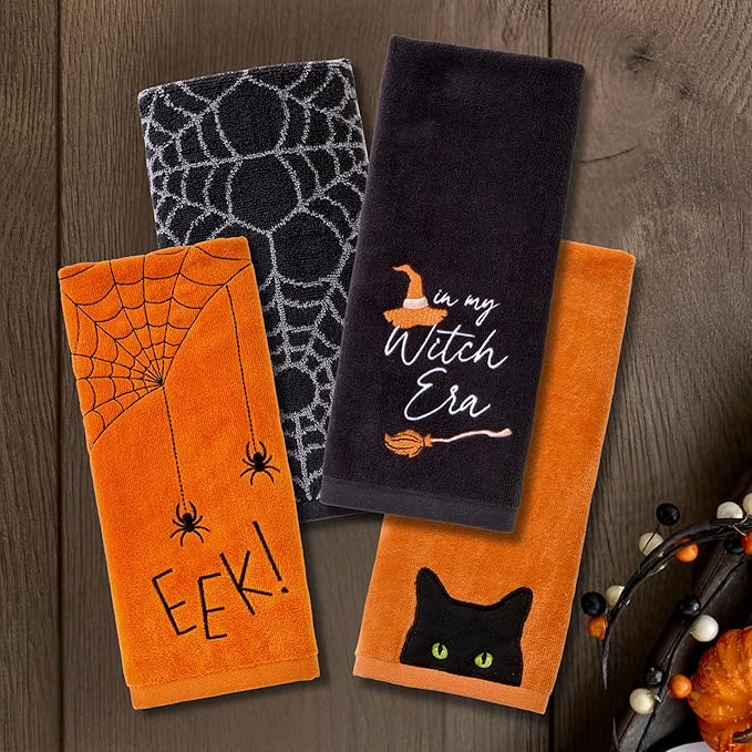 SKL Home Halloween Shadows Eyes 100% Cotton Embroidered 2pc Hand Towel Set, Decorative for Bath/Kitchen/Bar & Gift, Orange
