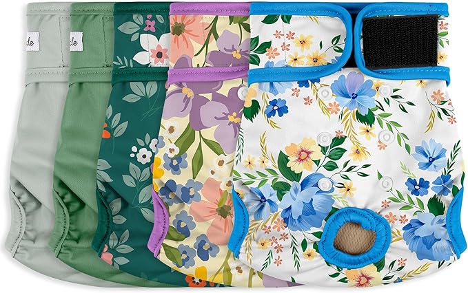 Female Dog Diapers 5Pcs - Premium Reusable Diapers for Doggie in Heat - Highly Absorbent Dog Diapers Female for Pet Incontinence with Adjustable Snaps, Green, S