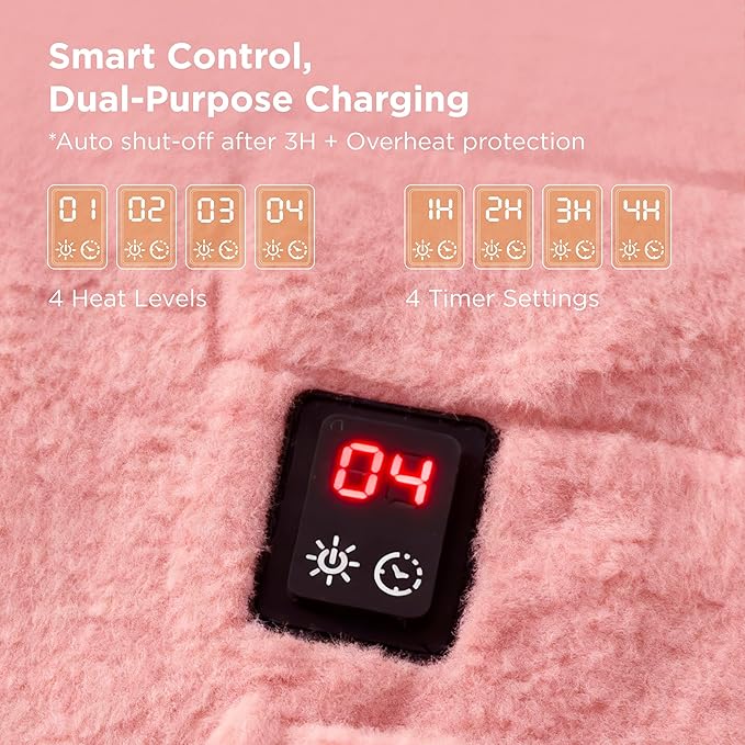 Bedsure Cordless Heated Wearable Blanket Hoodie - Faux Cashmere Electric Blanket with 20000mAh Battery Pack, Portable USB Heated Throw, Winter Gifts for Women, 4 Heat Levels & 4 Timers, 22"x43", Pink