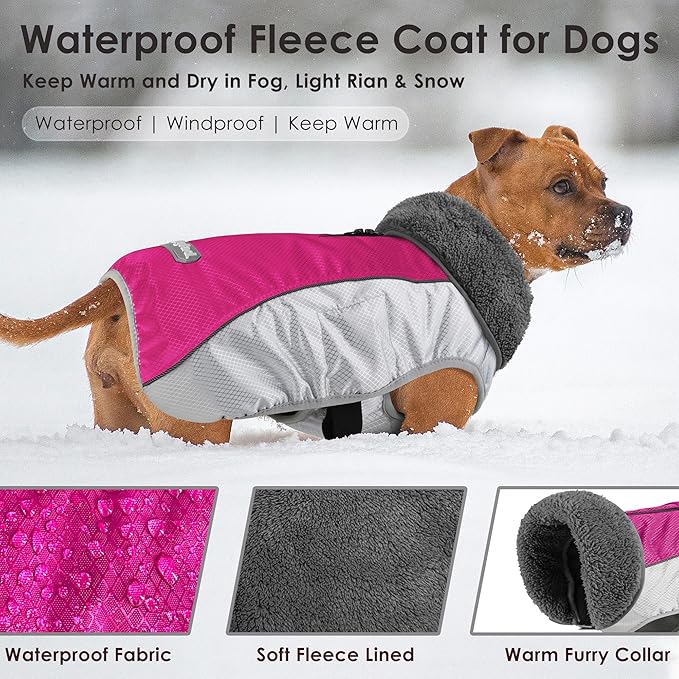 Dog Coat, Waterproof Ripstop Dog Winter Jacket with Leash Hole, Reflective Adjustable Warm Pet Fleece Snow Sweater for Small Medium Large Dogs - Rosy Red, M
